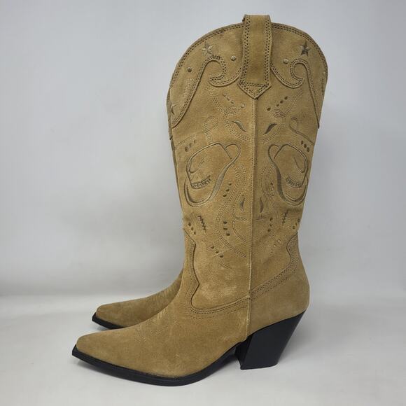 Zara Boots Women EU42 US11 Tan Suede Western Embroidered Cowgirl Rodeo Tall NEW - Picture 11 of 16